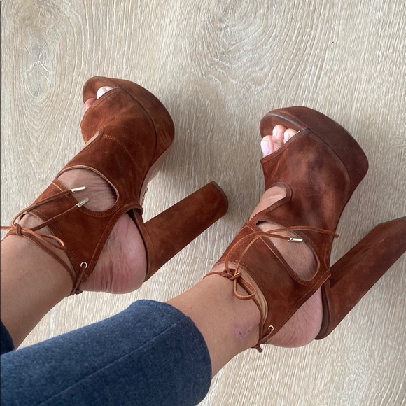 Aquazzura Brown Leather Peep-Toe Heels - Picture 6 of 12